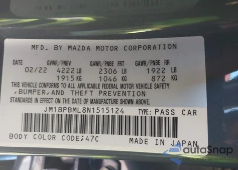 2022 Mazda Mazda3 Premium из США, поврежденный, VIN JM1BPBML8N1515124